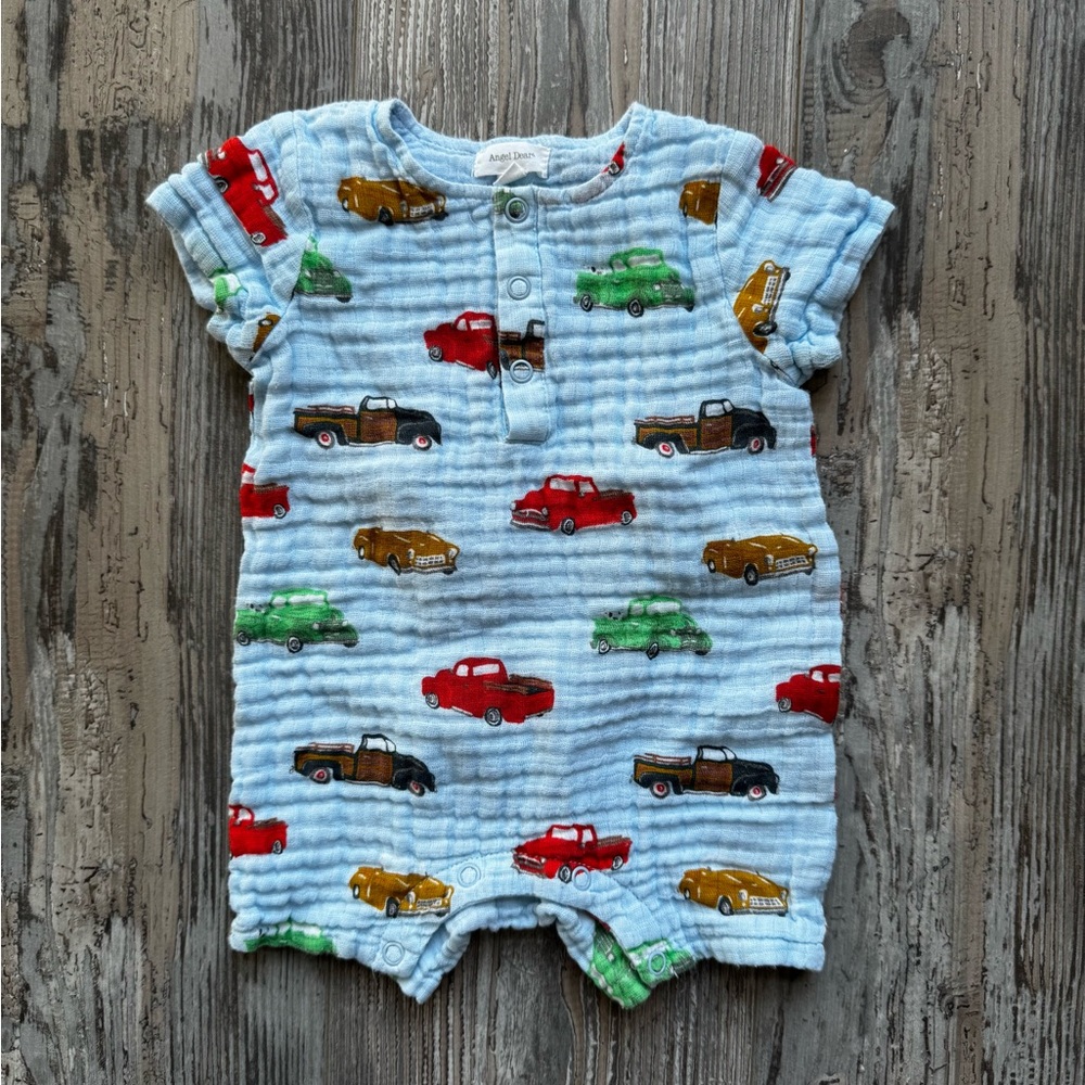 Baby Angel Dear Spearmint Cars Short Sleeve Romper Snaps Blue 3-6 Months Muslin